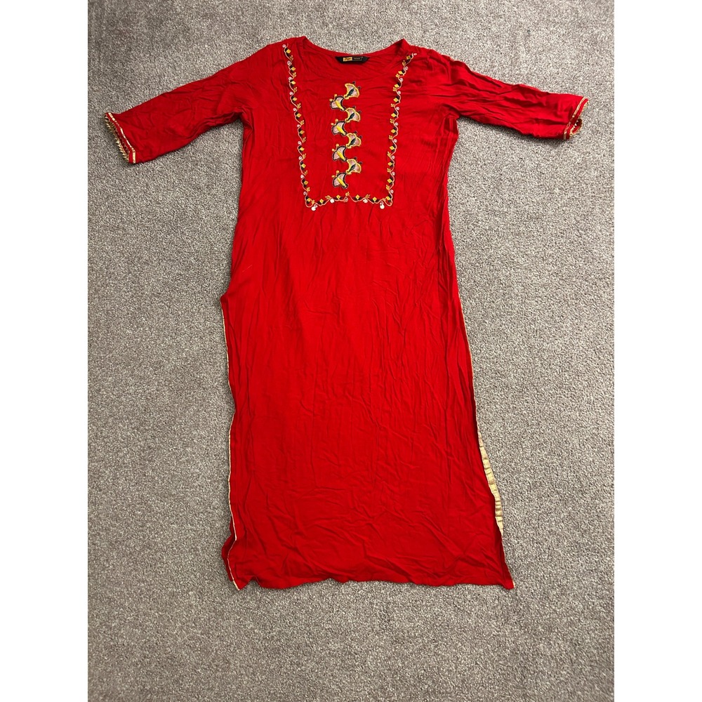 South‎ Asian Kameez Diya Trends Kurta Tunic Women Large Red Excellent Longline